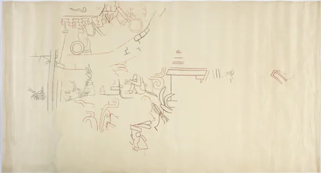 Sporing af et vægmaleri fra Casa de Monjas, Chichen Itza, Mexico hvælving i stort kammer (rød, sort & brun blæk & grafit)