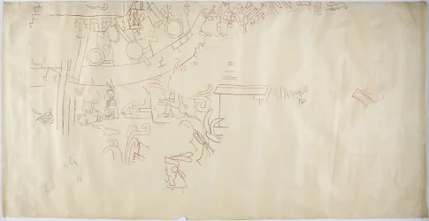 Sporing af et vægmaleri fra Casa de Monjas, Chichen Itza, Mexico hvælving i stort kammer (rød, sort & brun blæk & grafit)