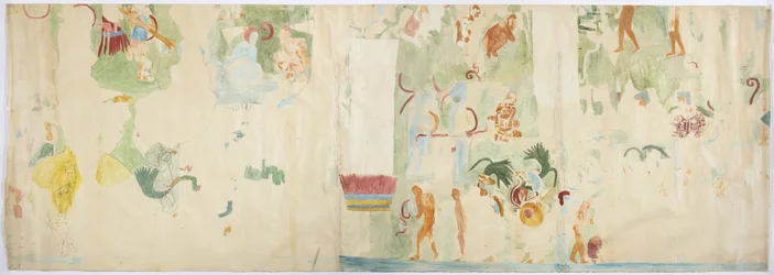 Sporing af et vægmaleri fra nordpanel, vestvæg, Jaguarernes øvre tempel, Chichen Itza, Mexico   (akvarel og kropsfarve)