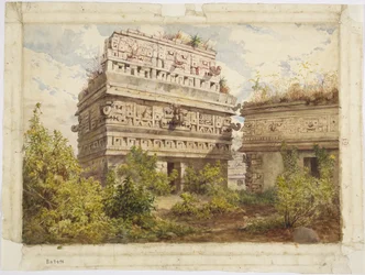 Ruinerne ved Chichén Itzá, Yucatán, Mexico. Viser Iglesiaens vestfacade, akvarel