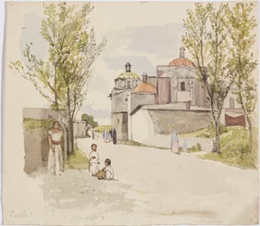 Udsigt over en landsbygade med kvinder og børn - Puebla (?), Mexico (akvarel og grafit)