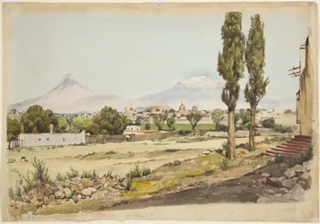 Vulkaner Popocatépetl og Iztaccihuatl vulkaner, Puebla, Mexico (akvarel)