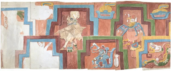 Akvarelkopi af stuccofacaden på templet på pyramiden ved Acanceh Fuld skala To rækker figurer inden for en trinformet ramme Figur 6-11 (akvarel)