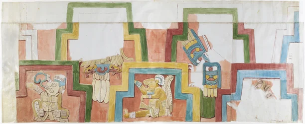 Akvarelkopi af stuccofacaden på templet på pyramiden ved Acanceh Fuld skala To rækker figurer inden for en trinformet ramme Figur 1-5 (akvarel)