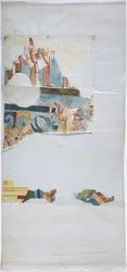 Akvarel på hørtype papir Sporing af vægmaleri fra en hvælving i et stort kammer, Casa de Monjas, Chichen Itza, Mexico (akvarel og kropsfarve)