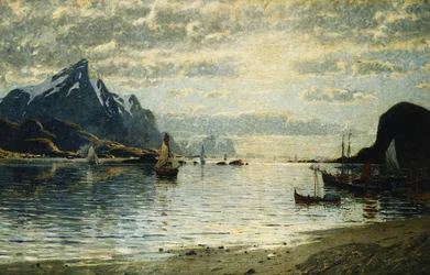 En fjordscene med sejlerfartøjer,