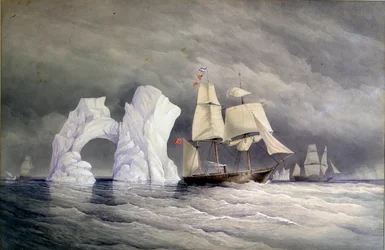 De britiske skibe Phoenix, Talbot og Diligence krydser et isbjerg (arktisk Canada). Akvarel (58x88 cm), af Edward Augustus Inglefield (1820-1894)