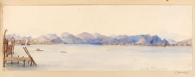 Borneo - Looking down the River from our house fra West Indies, North American and Borneo scrapbook, ca. 1845 (Akvarel)