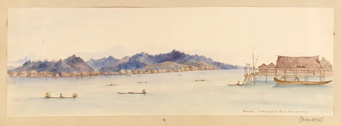 Borneo - Looking up the River from our house fra West Indies, North American and Borneo scrapbook, ca. 1845 (Akvarel)