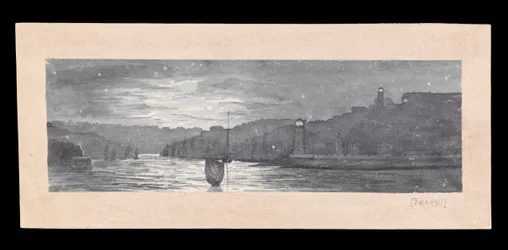 Tynes udmunding med North og South Shields i måneskin, ca. 1840 (akvarel, opkradsning, papir)