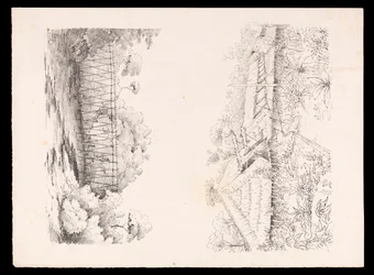 Stang-stammens landsby, Sarawak, Borneo; og en bro af pæle over en flod fra West Indies, North American and Borneo scrapbook, ca. 1845 (litografi)