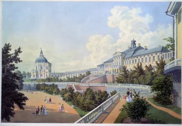 Det store palads i Oranienbaum (Ruslands kongelige residens), beliggende i Lomonossov i byområdet Sankt Petersborg (Det store Oranienbaum-palads). Maleri af Adolf Bezemann (1806-1867). Akvarel på papir