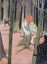 Rødhætte ser ulven i skoven, illustration fra Jugend udgivet i München 1896