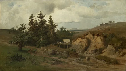 Landskab med en træbro - Landskab med en træbro - Adolf Kosarek (1830-1859). olie på lærred