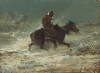 Mand med lanse rider gennem sneen, ca. 1880