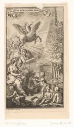 Allegorisk scene med kvindeskrivning, buster, Pegasus og Apollo Titelside for: Cornelis Sweerts, Poetiske symboler, 1736