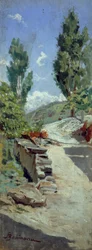 Road in hills af Adolfo Belimbau (1845-1938), olie på panel, 23x9 cm