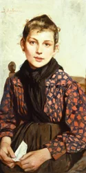 Siddende pige af Adolfo Belimbau (1845-1938), olie på lærred, 71x37 cm