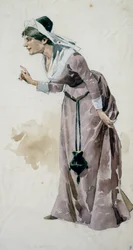 Kostume-skitse af Adolf Hohenstein (1854-1928) til premieren af Opera Falstaff, af Giuseppe Verdi (1813-1901), udført på La Scala Theatre i Milano, 9. februar