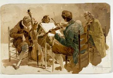 Fire musikere Tre violinister og en cellist. Plakat af Adolfo Hohenstein (1854-1928) Dim. 293x454 cm Privat samling