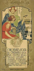 Plakat, der reklamerer for udstillingen af elektriske produkter afholdt til ære for 100-året for Alessandro Voltas fødsel