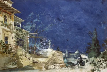 Scenografi af Adolfo Hohenstein (1854-1928) til premiere på Zanetto, opera af Pietro Mascagni (1863-1945)