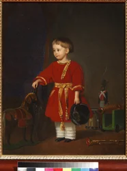 ""Portræt af en dreng i rød kjole med militærlegetøj"" (Portræt af en dreng i rød kjole med militærlegetøj) Maleri af Adolf Jebens (1819-1888) 1849 Kunst- og pædagogisk legetøjsmuseum, Sergiyev Posad