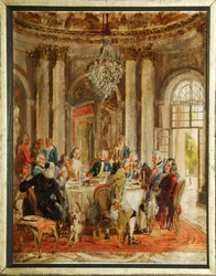 Det runde bord for Frederik II af Preussen (1712-1786) med Voltaire (Francois-Marie (Francois Marie) Arouet de Voltaire (1694-1778) og Christoph Ludwig von Stille (1696-1752) på Sanssouci-paladset - Skitse af Adolph Friedrich Menzel (1815-1905), olie