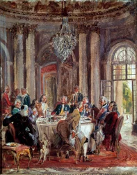 Frederik II af Preussens (1712-1786) rundbord med Voltaire (François Marie) Arouet de Voltaire (1694-1778) og Christoph Ludwig von Stille (1696-1752) på Sanssouci-slottet