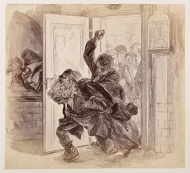 Adam, der er blevet slået af Ruprecht, styrter ud af retssalen, mens Eva og de andre ser til i baggrunden, til Heinrich von Kleists »Den knuste krukke«