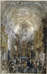 Indblik i Vor Frue stiftskirke ved Det Gamle Kapel i Regensburg, forrest til højre personer ved vievandsbassinet