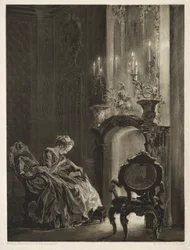 Essay om sten med pensel og skraber: kvinde læser ved pejsen, 1851.