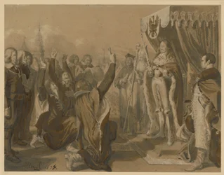 Friedrich Wilhelm, kurfyrste af Brandenburg, modtager den arvelige hyldest fra de preussiske stænder i Königsberg den 18. oktober 1663. Udkast til „Mindeværdigheder fra den brandenburgsk-preussiske historie“