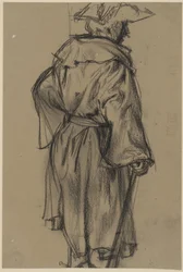 Officer med frakke og hat, med stok i højre hånd, set halvt bagfra mod højre. (Stillingsstudie af Moritz von Anhalt-Dessau)