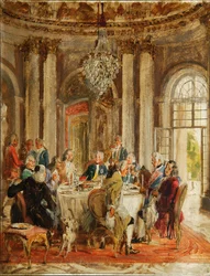 Frederik 2.s runde bord i Sanssouci, skitse, 1848