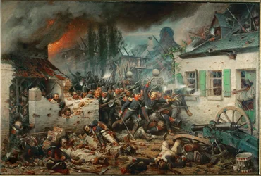 Preussiske tropper stormer landsbyen Plancenoit under slaget ved Waterloo (olie på lærred)