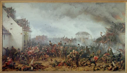 Forsvaret af gården La Haye Sainte, slaget ved Waterloo, Napoleons endelige nederlag (olie på lærred)