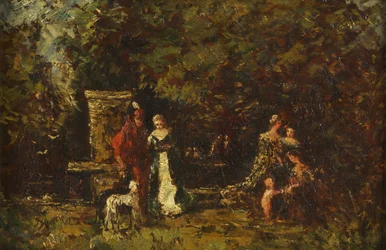 Elegant Figures in a Woodland Glade, ca. 1860-80 (olie på panel)
