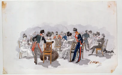 Ved et bal (At et bal). Rundt om på dansegulvet i baggrunden sidder kvinder klædt i fancy dress på stole og sludrer med betjente. Maleri af Adolphe Ladurner (1798-1856), akvarel på papir, ca. 1830. Fransk kunst