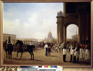 Militærparade på Slotspladsen i Sankt Petersborg (Parade på Slotspladsen i Sankt Petersborg). Maleri af Adolphe Ladurner (1798-1856), olie på lærred