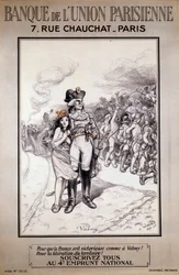 Den Parisiske Unions Bank: »For at gøre Frankrig sejrrigt som ved Valmy! For territoriets befrielse! Tegn alle den 4. nationale låneobligation!« Illustration ved Adolphe Willette (1857-1926)