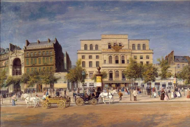 Generel visning af teatrene i boulevard du templet før gennemboringen af Boulevard Prince Eugene, detalje af de parisiske Caleches foran Imperial Theatre. Maleri af Adolphe Potemont (1828-1883)