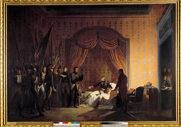 Italiens første kampagne (1796-1797): "" Napoleon Bonaparte (1769-1821) modtog i Millesimo Austrosard-flag taget ved slaget ved Montenotte og erobringen af Cossaria præsenteret af generalerne Marmont og Jean Andoche Junot (Jean-Andoche) ( 1771-1813)