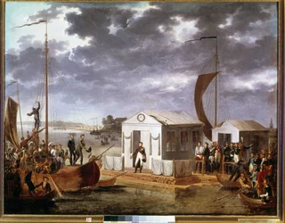 Mødet i Tilsit (Tilsitt) mellem Napoleon 1. og Ruslands zar Alexander 1. på floden Niemen den 25. juni