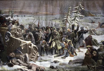 Marskal Michel Ney (1769-1815) på tilbagetog fra Rusland i 1812. Gravure efter Yvons maleri.