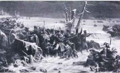 Marshal Ney støtter bagvagten under tilbagetoget fra Moskva, illustration fra Landmarks in European History udgivet af Gresham Publishing Co, ca. 1920 (litho)