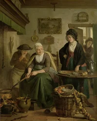 Kvinde bager pandekager Gammel kvinde laver pandekager