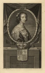 Henrietta Maria Ranskasta, Englannin kuninkaan Kaarle I:n vaimo. Henriette Marie de France. Mekossa pitsikaulus, helmikaulakoru. Kruunu ja vaakuna. Charles Simonneaun kuparikaiverrus Adriaen van der Werffin mukaan Isaac de Larreyn teoksesta H