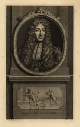 Englannin kuningas James II, Skotlannin James VII, Jacques II Roy d’Angleterre. Peruukki, pitsihuivi, ketju Pyhän Yrjön ja lohikäärmeen hahmolla. Vinjetti näyttää Rooman keisarin menettävän kruununsa sotilaalle. Jean Audranin kuparikaiverrus mainoksen jälk