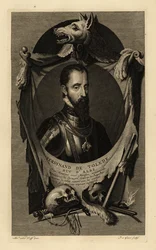 Portræt af Ferdinand Alvarez de Toledo y Pimentel, 3. hertug af Alba, eller jernhertugen. I rustning med kæde af orden af det gyldne skind. Med ulveskind, menneskekranier, sværd, dolk og flintlåspistol. Ferdinand de Tolede, Duc d